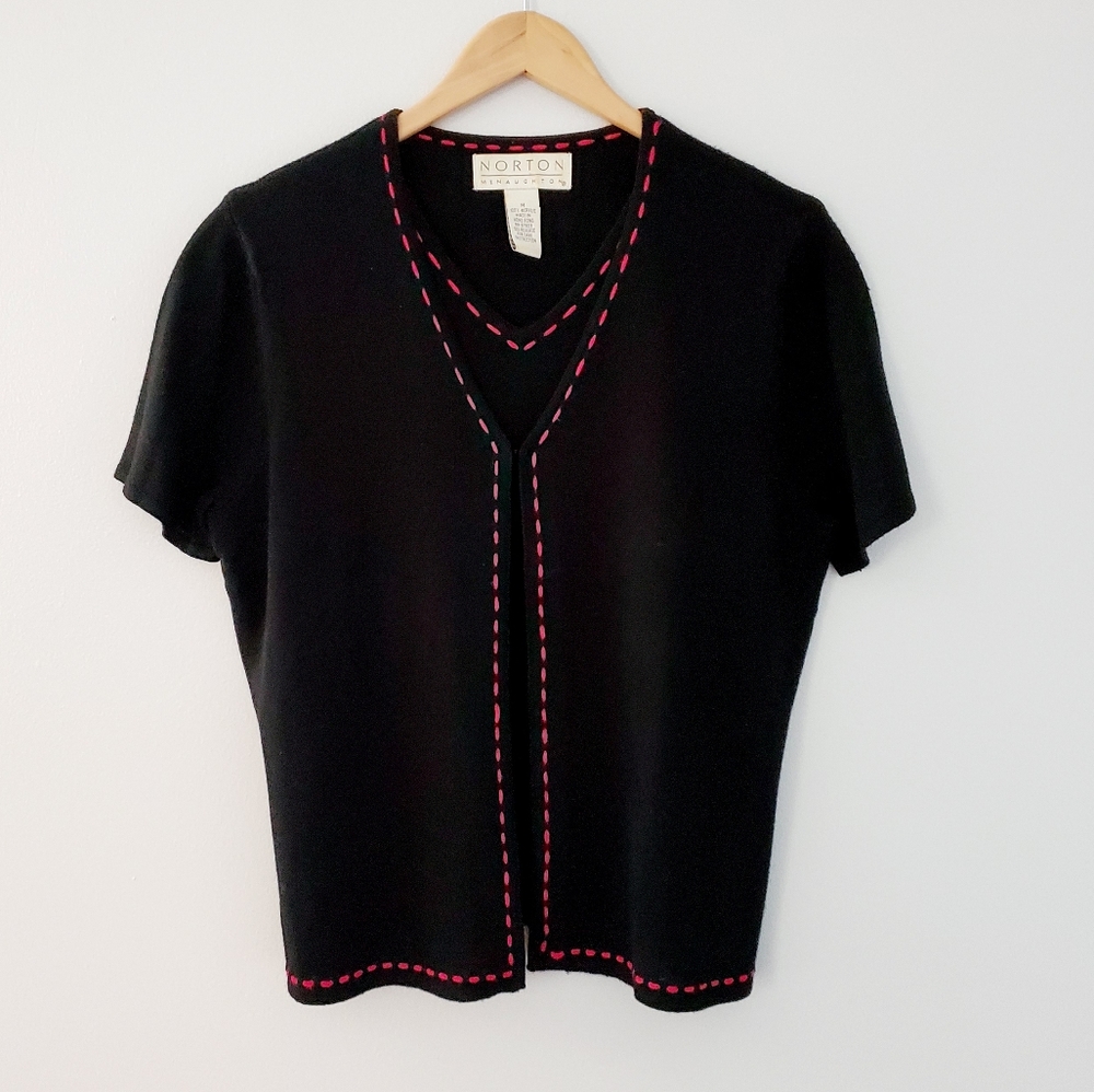 Vintage black one piece cardigan shell hot pink